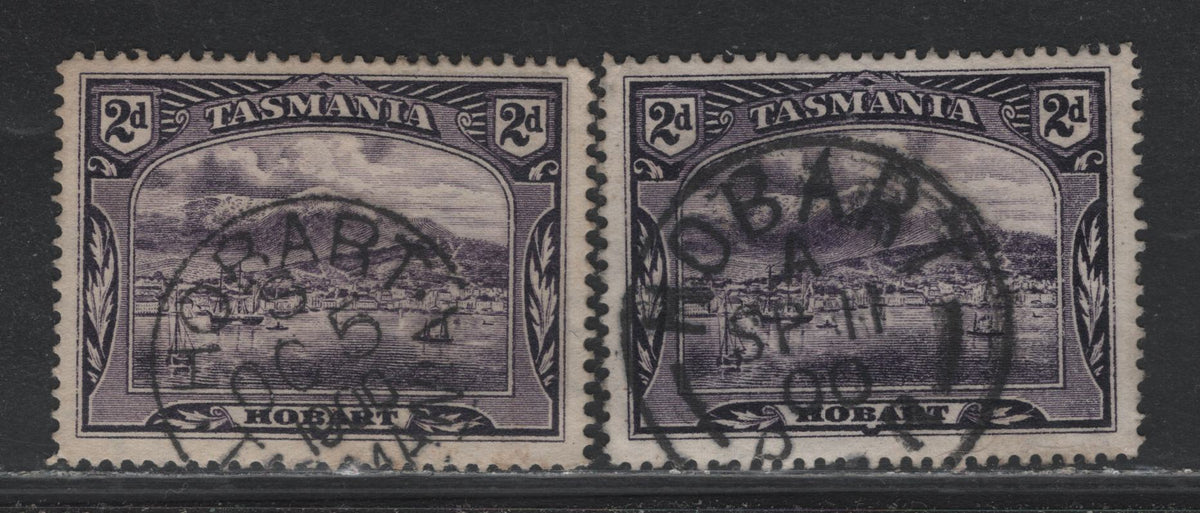 Lot 45 Australia - Tasmania SG#231 (SC# 88) 2d Deep Violet , 1880-1911 Engraved Pictorial Issue, 2 Fine/Very Fine Used Singles, Two Different Size & Format Hobart CDS Cancels, One Small One Dated October 5 1900 & Sept 11 1900