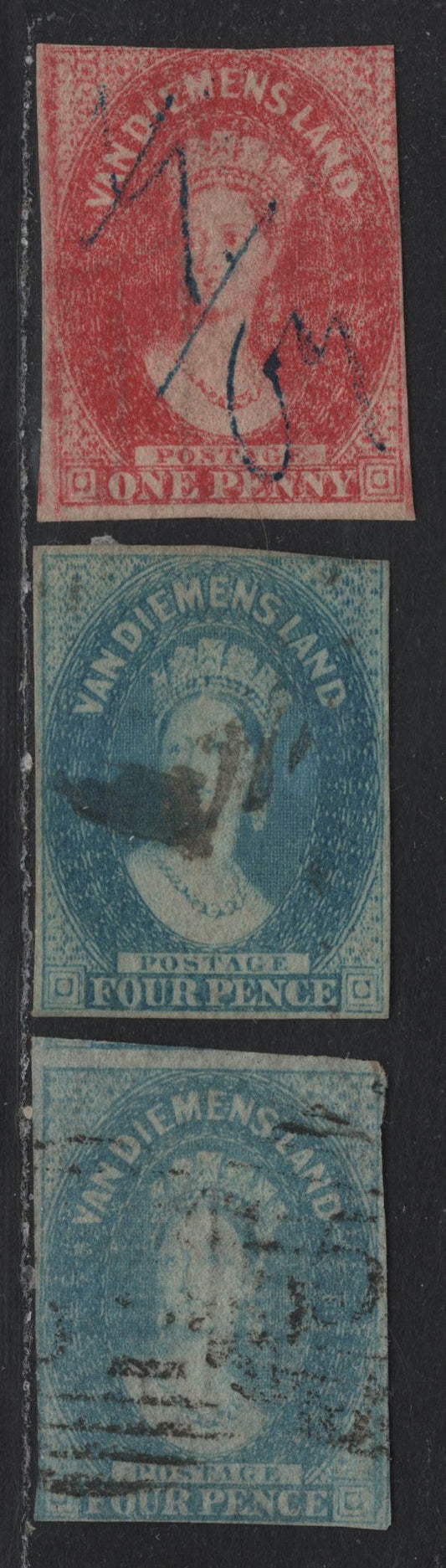 Lot 5 Australia - Tasmania SG#29, 36-67 (SC# 11, 13-a) 1d - 4d Red Brown - Blue , 1857-1867 Imperf Chalon Heads Issue, 3 Fine Used Singles, 4 Margins To Just Touching On 1 Side For 4d's & 3 Margins Touching & Just Touching Along Top, Fiscal Cancel