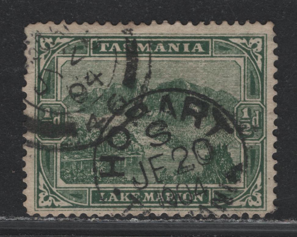 Lot 51 Australia - Tasmania SG#237 (SC# 94) 1/2d Dull Green , 1880-1911 Engraved Pictorial Issue, A Fine Used Single, V over Crown Wmk Sideways With Dual Cancels, British Receiving/Transit Cancel & June 20 1904 Hobert CDS