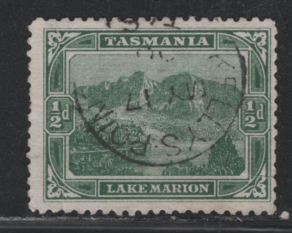Lot 52 Australia - Tasmania SG#237b (SC# 94) 1/2d Bluish Green , 1902-1905 Pictorial Issue, A Good Used Single, V over Crown Sideways, Lithographed, May 17 1906 Kelly's Point Cancel.