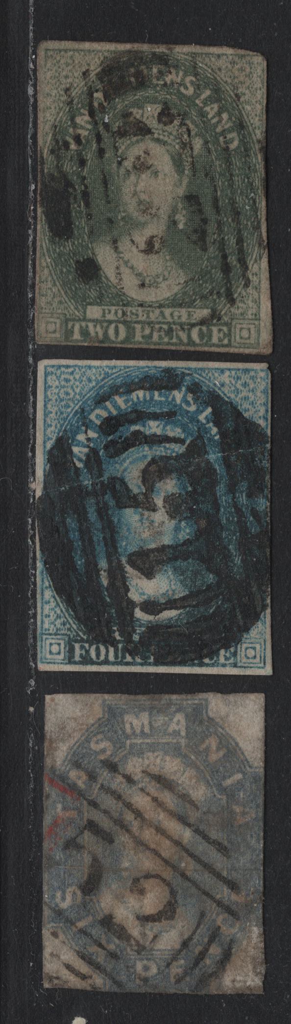Lot 6 Australia - Tasmania SG#18, 34, 44 (SC# 6a, 12 ,15) 2d - 6d Slate Green - Dull Slate Gray , 1857-1867 Imperf Chalon Heads Issue, 3 Good/Fine Used Singles, Numeral Cancels Including #22,#15 & #52
