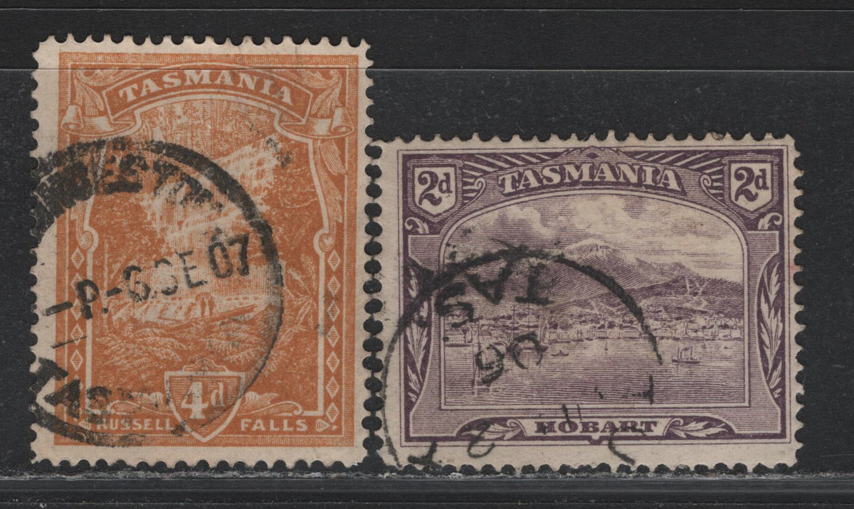 Lot 68 Australia - Tasmania SG#245e, 247b (SC# 104, 106) 2d - 4d Slate Lilac - Orange Buff , 1902-1905 Typographed Pictorial Issue, 2 Fine Used Single, Crown Over A Inverted & Sideways (2d) Wmks, Perf 12.5