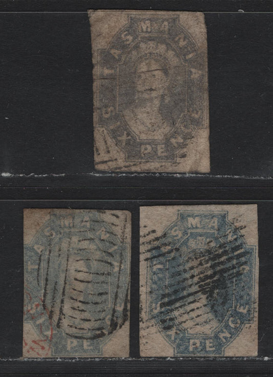Lot 8 Australia - Tasmania SG#44, 46-47 (SC# 14-15) 6d Dull Slate Gray - Gray Violet , 1860-1867 Imperf Chalon Heads Issue, 3 Good/Fine Used Singles, 4 Clear To Just Touching & Wide Margins