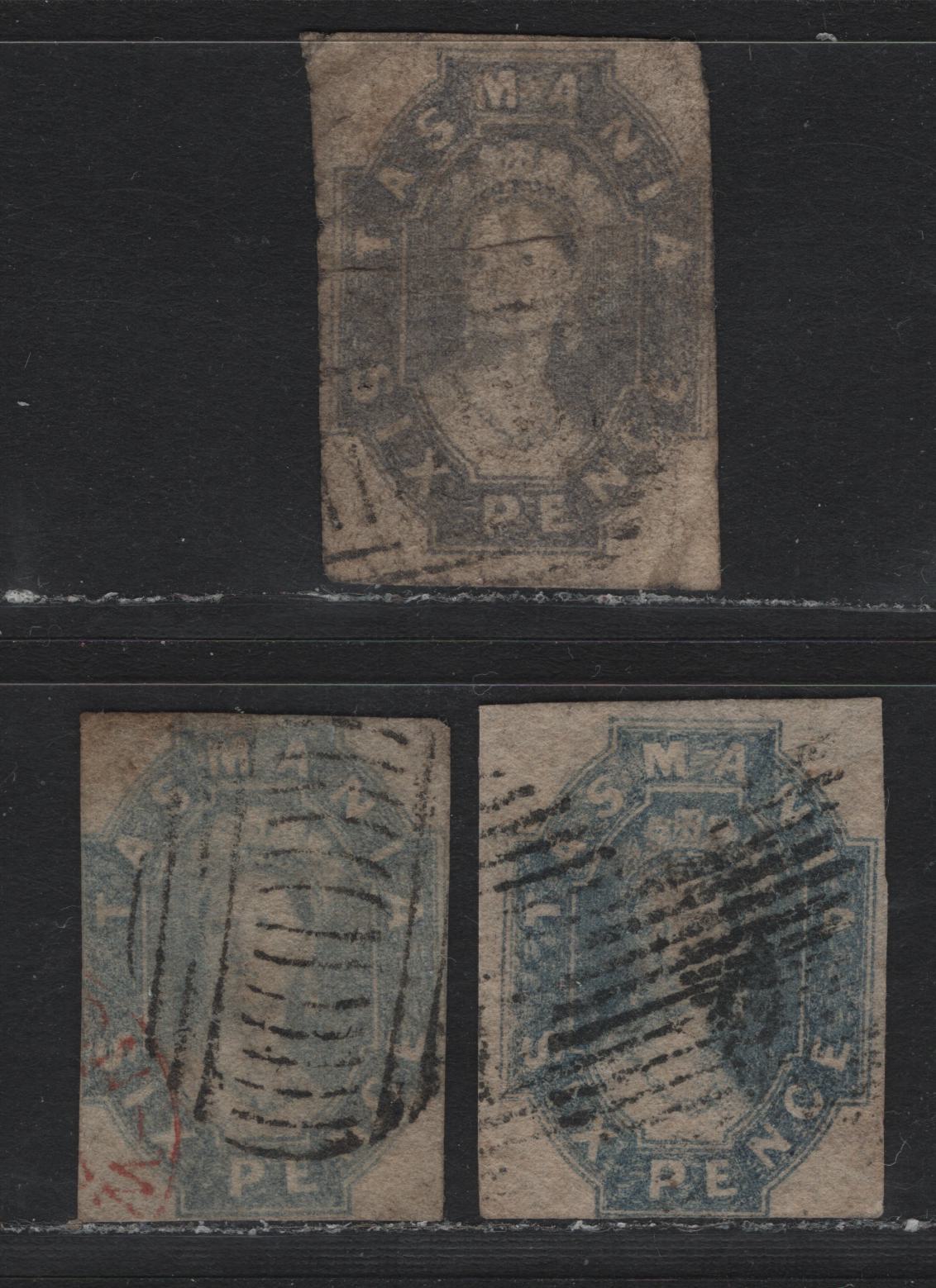 Lot 8 Australia - Tasmania SG#44, 46-47 (SC# 14-15) 6d Dull Slate Gray - Gray Violet , 1860-1867 Imperf Chalon Heads Issue, 3 Good/Fine Used Singles, 4 Clear To Just Touching & Wide Margins