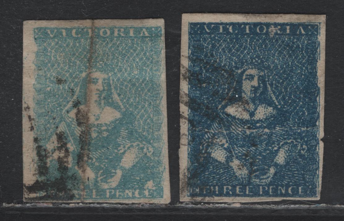 Lot 84 Australia - Victoria SG#11b, 31c (SC# 3a, 4) 3d Pale Blue - Deep Blue , 1850-1857 Queen Victoria Half-Length Issue, 2 Good Used Singles, Thomas Ham & Campbell & Ferussen Printings, Ham Printing (Pale Blue) Is 3rd State Of The Die