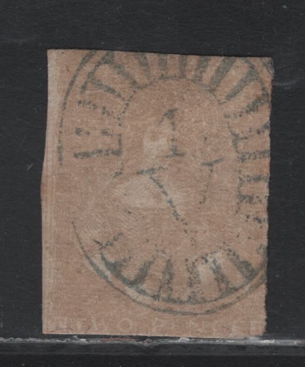 Lot 86 Australia - Victoria SG#17a (SC# 7) 2d Drab , 1850-1853 Queen Victoria Half-Length Issue, A Fair Used Single, Final State Of The Die, Showing Blurred Design Details, No Faults, Blue #1 Bootheel Cancel For Melbourne, Ham Printing.