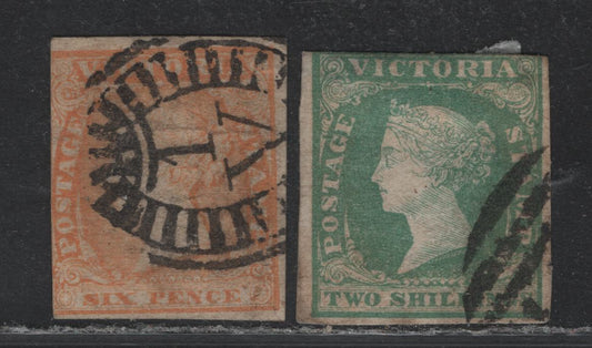 Lot 90 Australia - Victoria SG#32b, 35 (SC# 17, 19) 6d - 2/- Yellow Orange - Blue Green , 1854 Calvert Woodblocks Issue, 2 Good/Very Good Used Singles, 6d Has Bold #1 Melbourne Bootheel Cancel