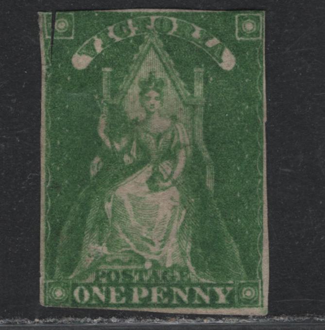 Lot 92 Australia - Victoria SG#40 (SC# 29) 1d Yellow Green , 1856 Perkins Bacon Queen On throne Issue, A Spacefiller Unused Single, Close Margins All Around To Touching At UL & LL As Well AsScissor Cut At UL, Shallow Thin On Back