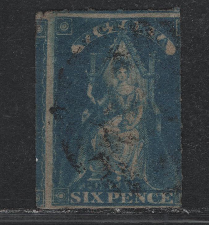 Lot 93 Australia - Victoria SG#73 (SC# 30) 6d Blue , 1858 Rouletted Perkins Bacon Queen On throne Issue, A Fine Used Single, Rouletted 5.5 - 6.5, Large Star Wmk