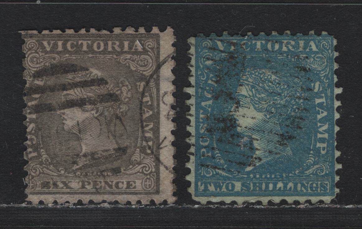 Lot 95 Australia - Victoria SG#102, 130ab (SC# 27-28) 6d - 2/- Gray Black - Blue on Green , 1861-1864 Woodblock Issue, 2 Very Good Used Singles, Six Pence & Single Lined 2 Wmk, Perf 12
