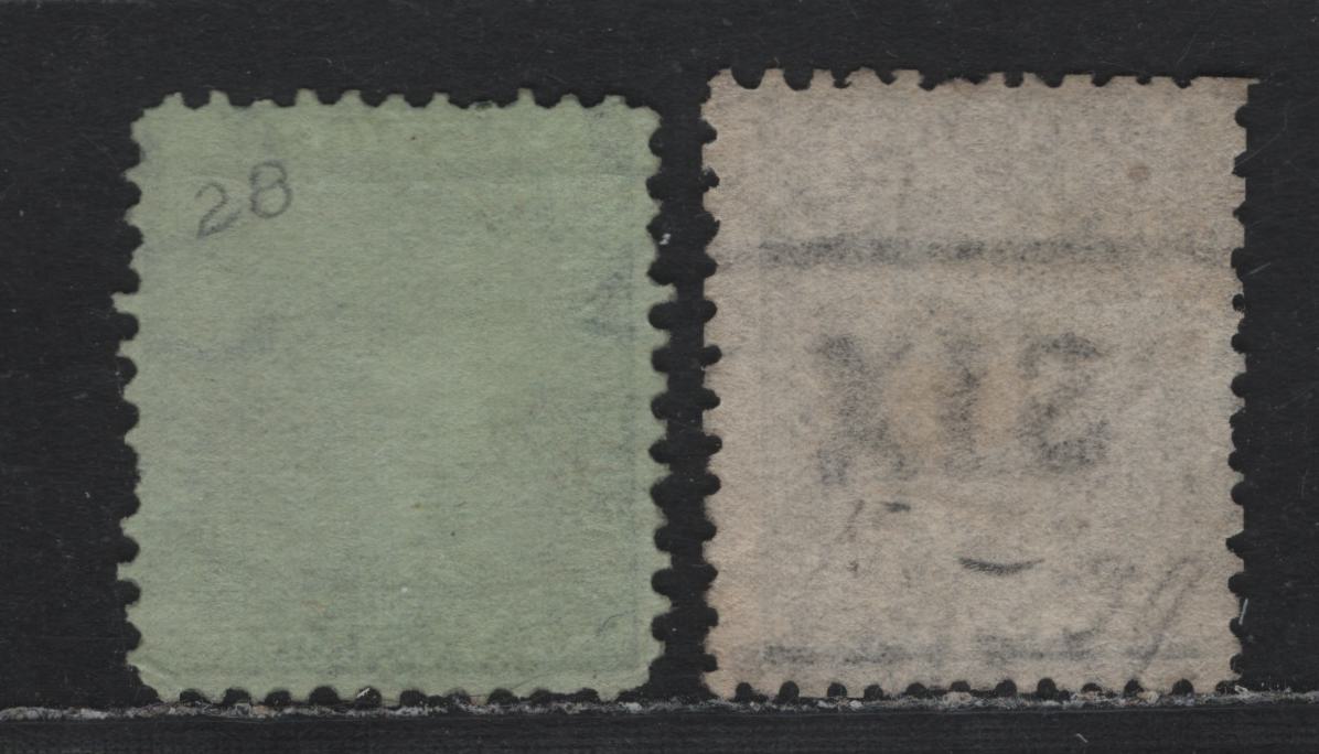 Lot 95 Australia - Victoria SG#102, 130ab (SC# 27-28) 6d - 2/- Gray Black - Blue on Green , 1861-1864 Woodblock Issue, 2 Very Good Used Singles, Six Pence & Single Lined 2 Wmk, Perf 12