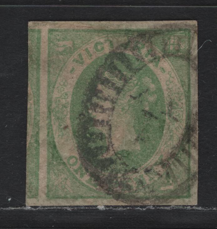 Lot 99 Australia - Victoria SG#64a (SC# 37a) 1d Emerald , 1858 Imperf Emblems Issue, A Very Fine Used Single, Unwatermarked, #1 Melbourne Bootheel Cancel, Large Margins All Around, Portion Of Adjoining Stamp Visible At Left.