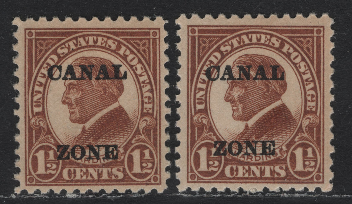 Lot 10 Canal Zone (C)SC#72 1/2c Brown , 1922-1925 4th Bureau Canal Zone Overprinted Issue, 2 VFOG Singles, Flat Plate Printings, One Normal, One Showing Joined AN Flaw.