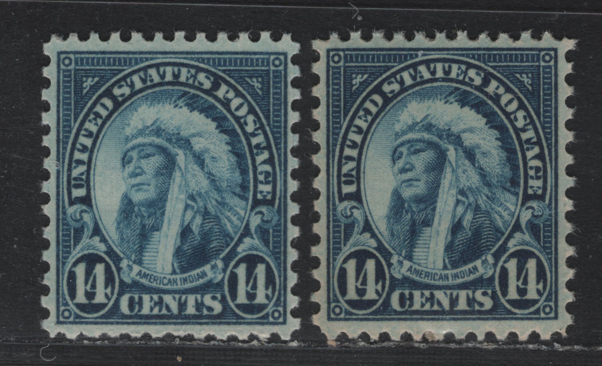 Lot 101 United States SC#695 14c - 15c Dark Blue - Brighter , 1931 4th Bureau Issue, 2 VFNH Singles, Type 3 Gum Breaker Ridges Spaced 12mm Apart, 12 Vertical Gum Striations Per Inch