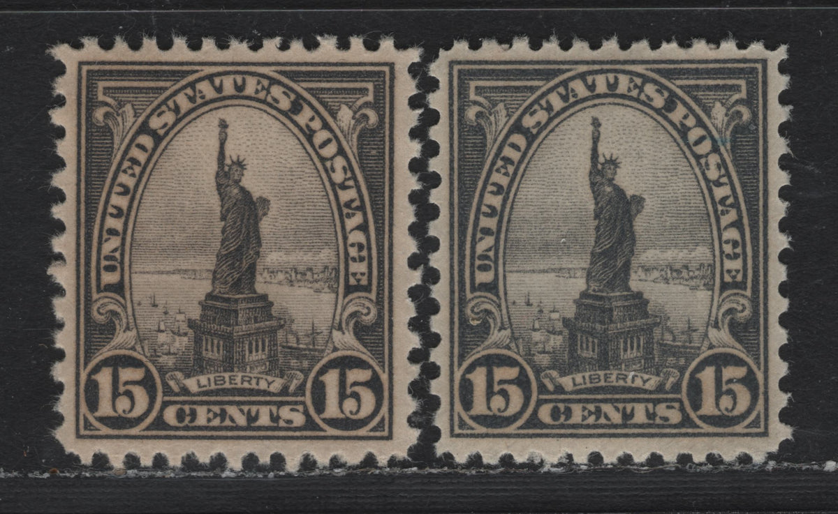 Lot 102 United States SC#696 15c Gray - Blackish Gray , 1931 4th Bureau Issue, 2 VFNH Singles, Type 3 Gum Breaker Ridges, 24 Vertical Gum Striations Per Inch