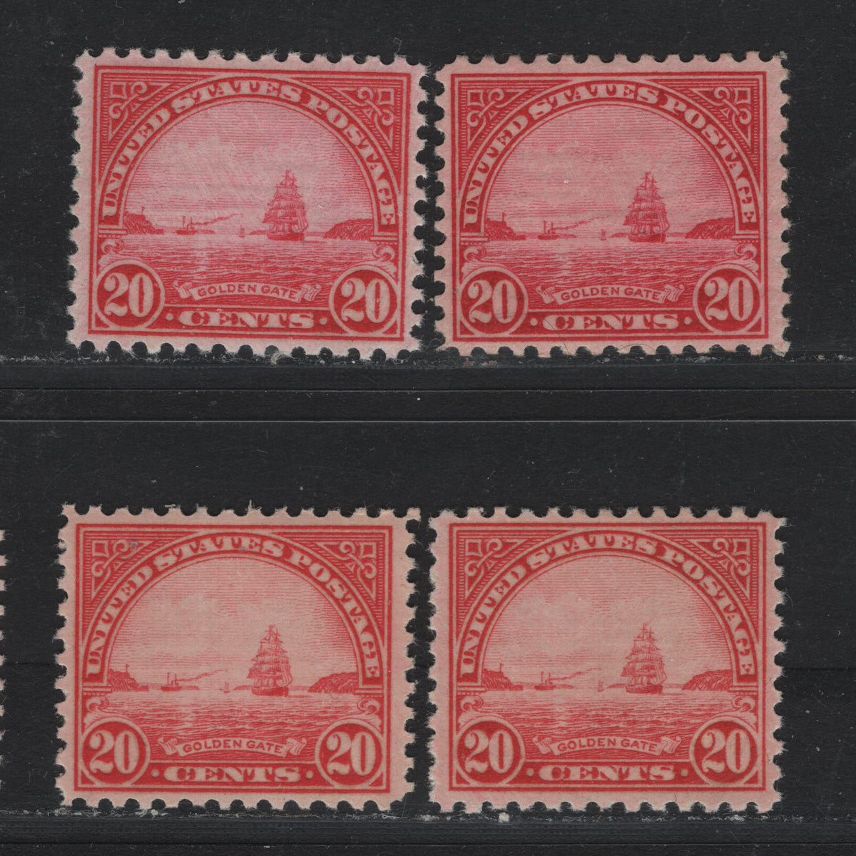 Lot 112 United States SC#698 20c Carmine & Scarlet , 1931 4th Bureau Issue, 4 VFNH Singles, 2 Shades Of Each, Rotary Press, Perf 10.5x11, Type 3 Gum Breaker Ridges, 12 Horizontal Gum Striations Per Inch.