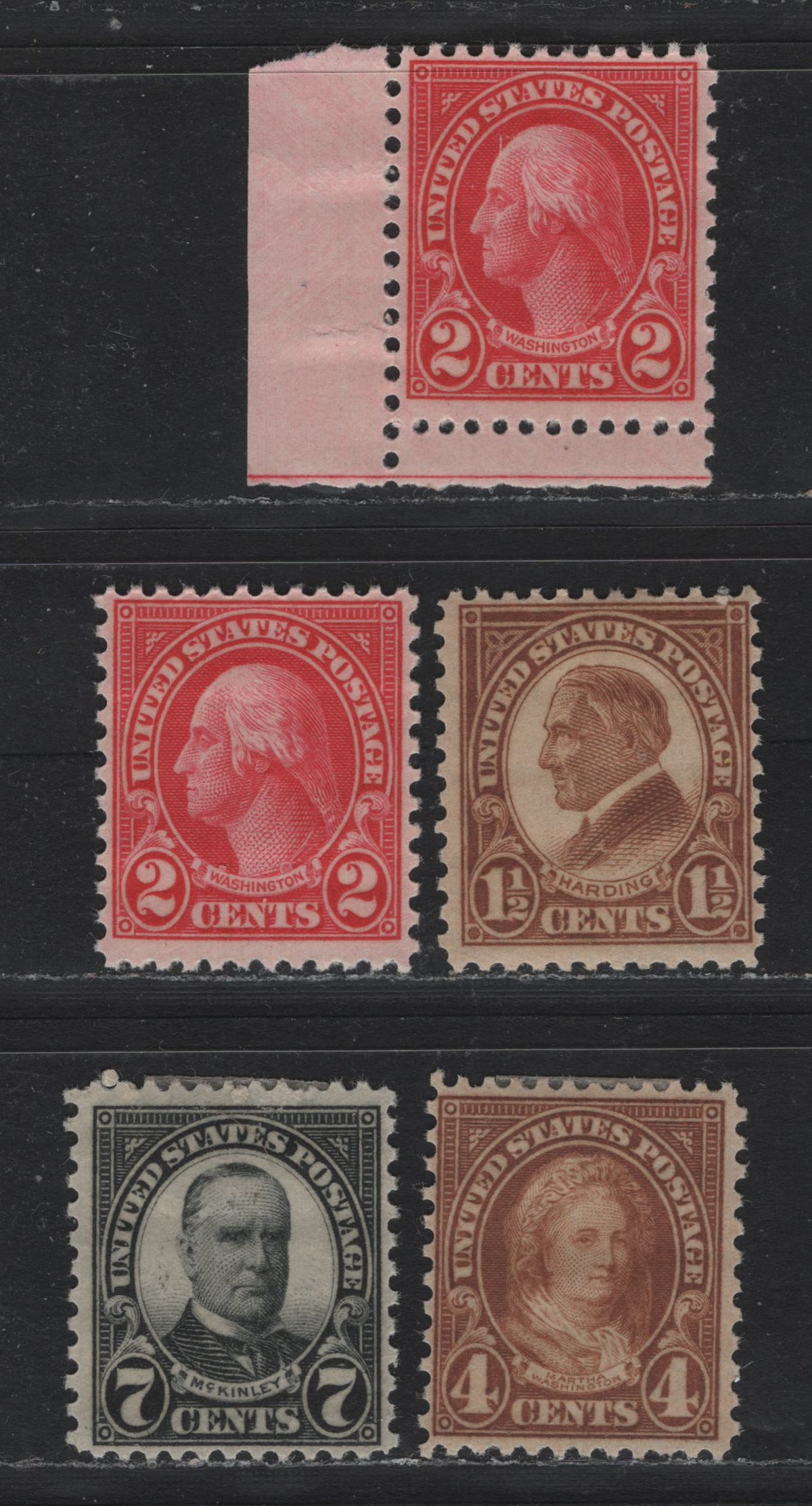 Lot 126 United States SC#633-634, 636, 639 1.5c - 7c Yellow Brown - Black , 1926-1934 4th Bureau Issue, 4 FOG Singles, Type 1 Gum Breaker Ridges, No Visible Gum Striations