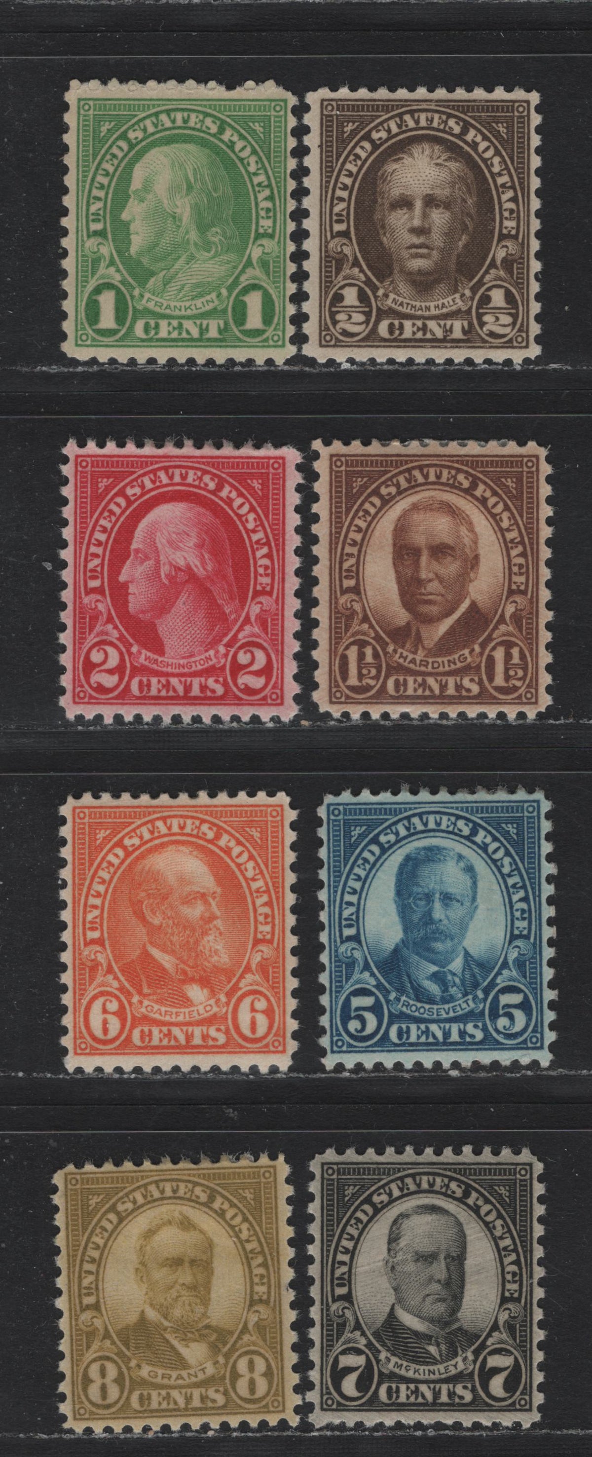 Lot 133 United States SC#632-664, 637-640, 653 1/2c - 8c Deep Olive Brown - Olive Bistre , 1926-1934 4th Bureau Issue, 8 VFOG Singles, Type 2 Gum Breaker Ridges, 24 Vertical Gum Striations Per Inch