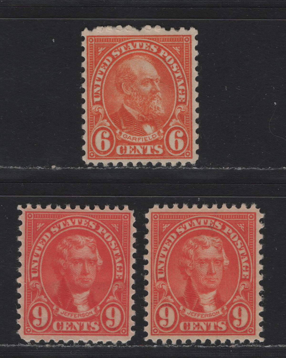 Lot 134 United States SC#638, 641 6c - 9c Bright Orange - Deep Salmon Rose , 1926-1934 4th Bureau Issue, 3 VFOG Singles, Type 3 Gum Breaker Ridges Spaced 12mm Apart, No Visble Gum Striations