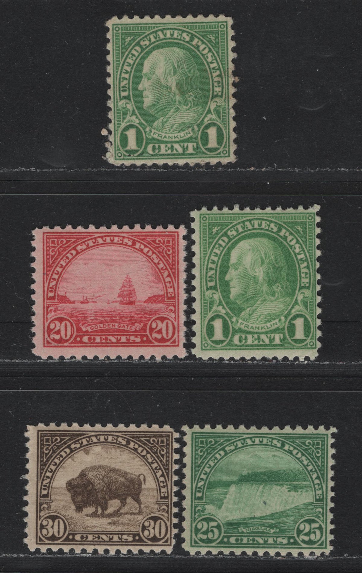 Lot 136 United States SC#632, 698-700 1c - 30c Deep Yellow Green - Olive Brown , 1926-1934 4th Bureau Issue, 5 FNH Singles, Type 3 Gum Breaker Ridges, No Visible Striations