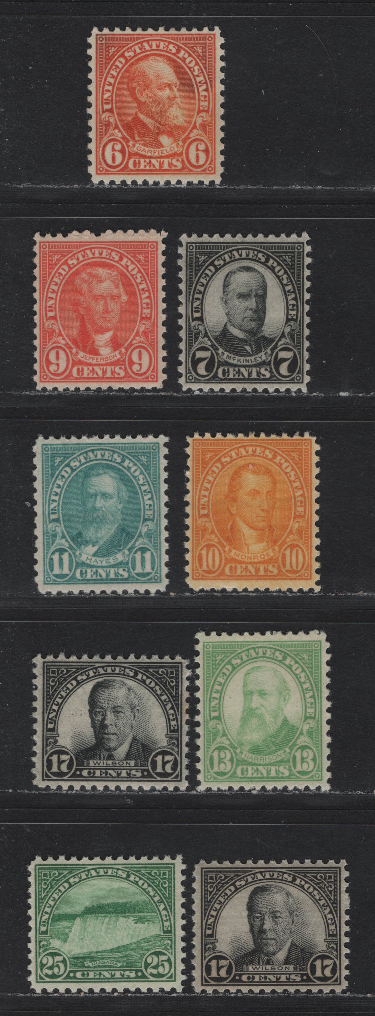 Lot 137 United States SC#638-639, 641-642, 692, 694, 697, 699 6c -25c Orange - Bright Emerald , 1926-1934 4th Bureau Issue, 9 VFNH Singles, Type 3 Gum Breaker Ridges Spaced 12mm Apart, 24 Vertical Gum Striations Per Inch