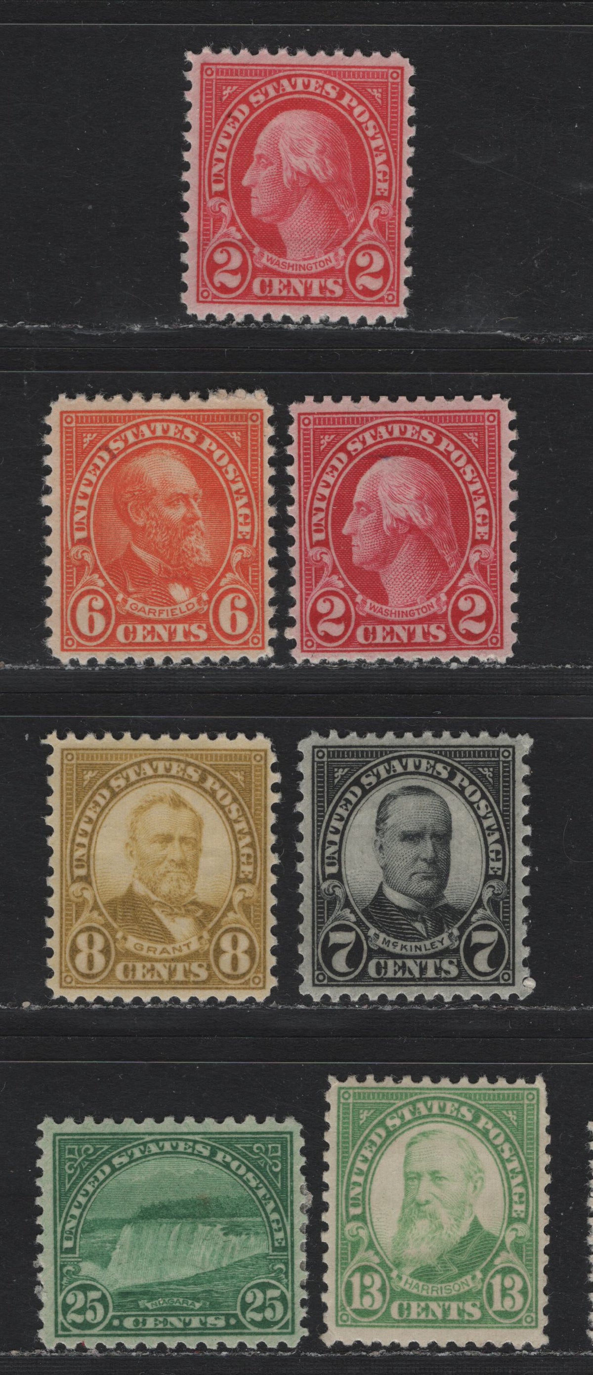Lot 138 United States SC#634, 638-640, 694, 699 2c - 25c Carmine - Deep Emerald Green , 1926-1934 4th Bureau Issue, 7 VFOG Singles, Type 3 Gum Breaker Ridges, 24 Horizontal Gum Striations Per Inch