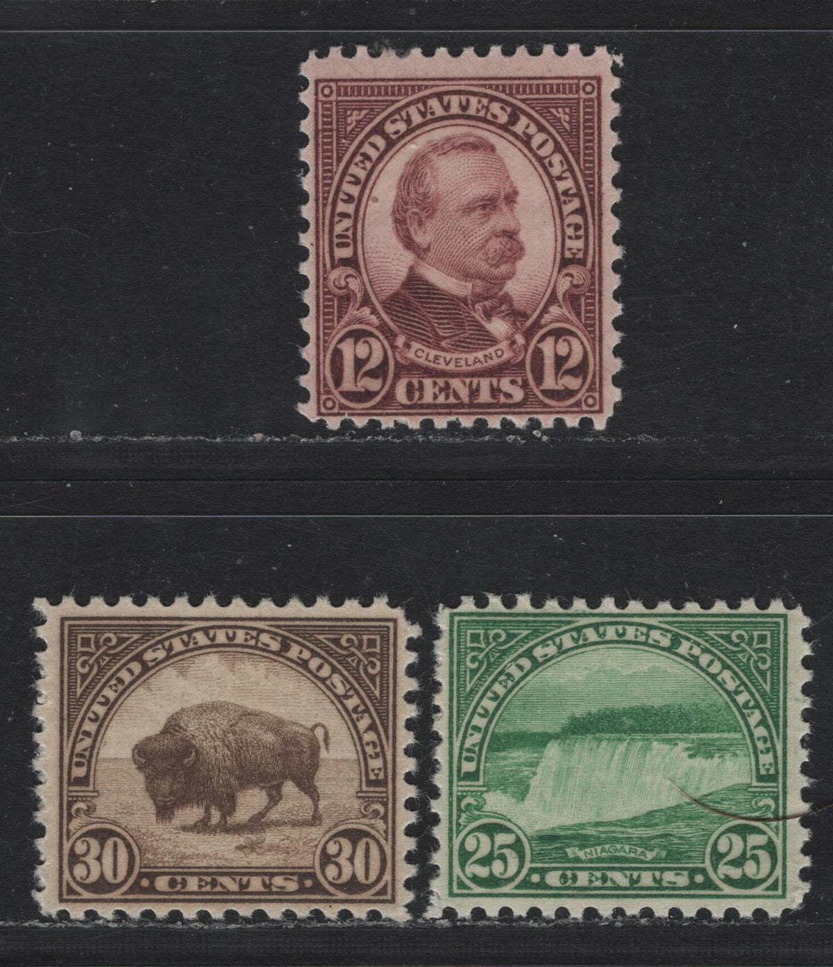 Lot 139 United States SC#693, 699-700 12c - 30c Deep Claret - Olive Brown , 1926-1934 4th Bureau Issue, 3 FNH Singles, Type 3 Gum Breaker Ridges, 24 Gum Striations Per Inch