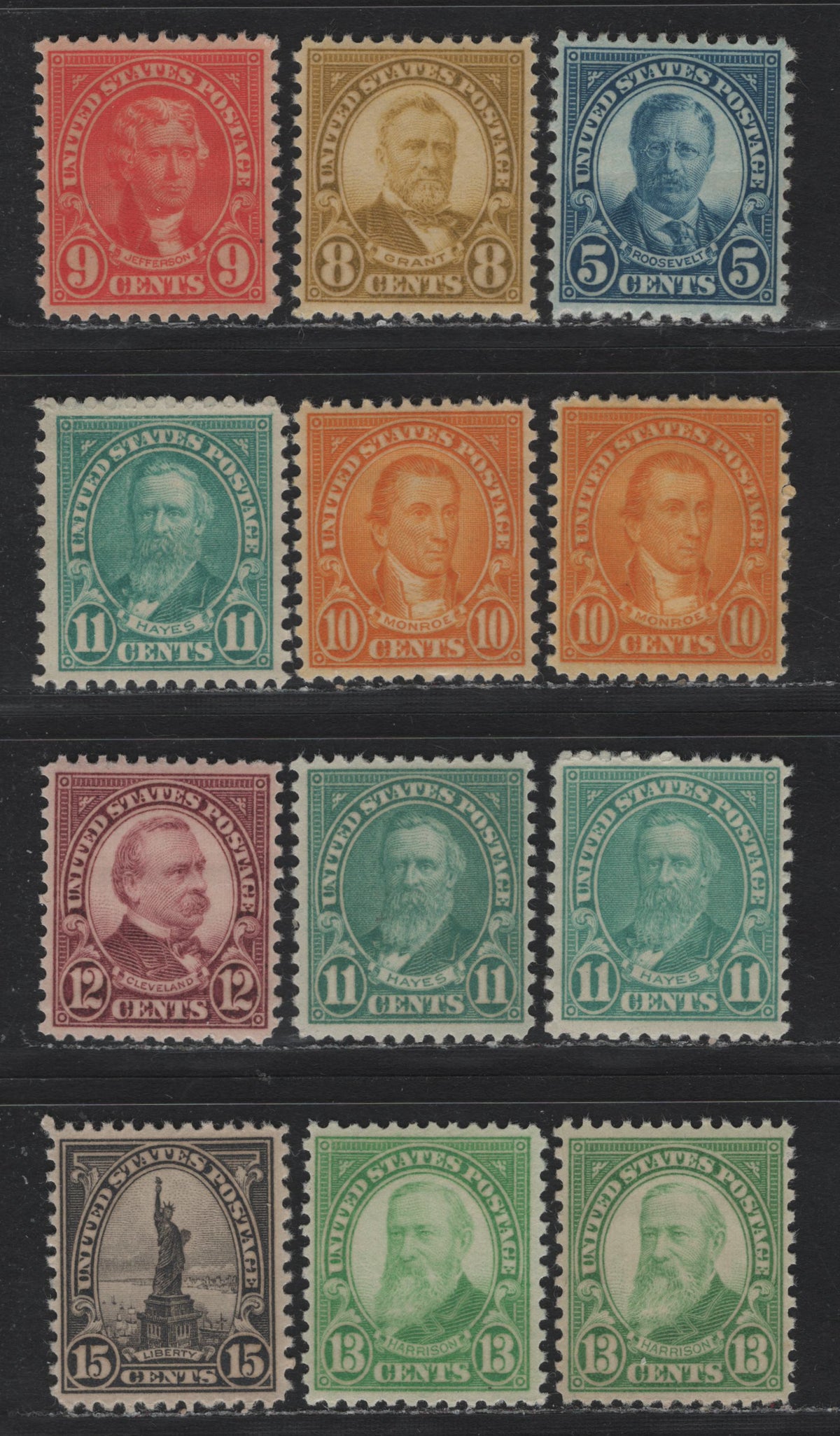 Lot 140 United States SC#637, 640-642, 692-694, 696 5c - 15c Dark Blue - Deep Gray , 1926-1934 4th Bureau Issue, 12 VFNH Singles, Type 3 Gum Breaker Ridges, 12 Horizontal Or Vertical Gum Striations Per Inch