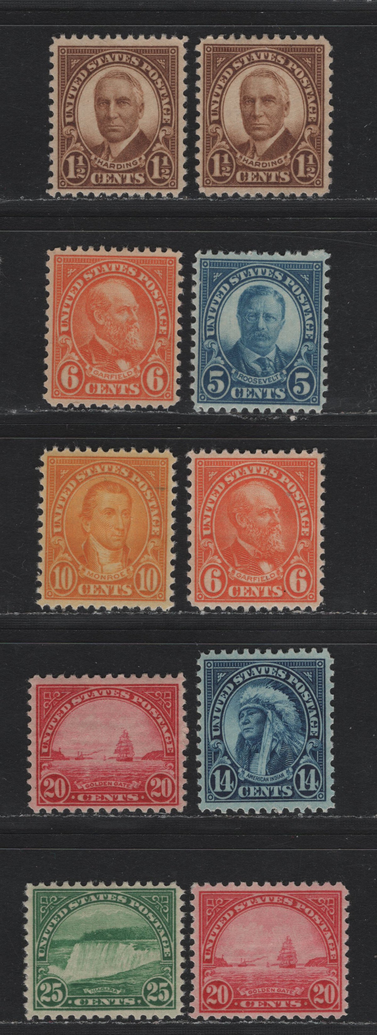 Lot 141 United States SC#637-638, 642, 645, 684, 698-699 1.5c - 25c Yellow Brown - Deep Bright Emerald , 1926-1934 4th Bureau Issue, 9 VFOG Singles, Type 3 Gum Breaker Ridges, 12 Horizontal Or Vertical Gum Striations Per Inch