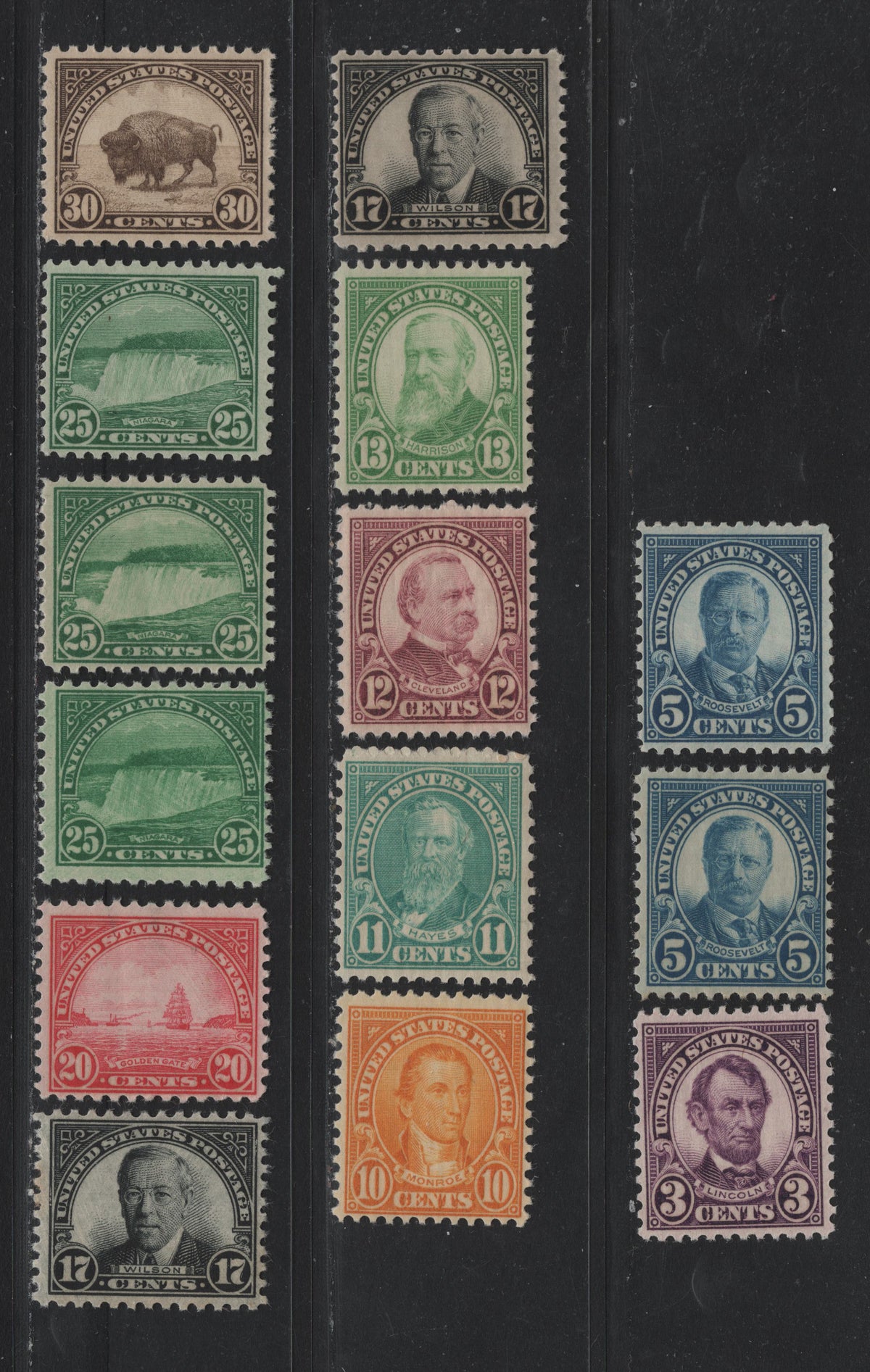 Lot 142 United States SC#635, 637, 642, 692-694, 697-699 3c - 25 Bright Violet - Bluish Emerald , 1926-1934 4th Bureau Issue, 13 FNH Singles, Type 3 Gum Breaker Ridges, 12 Horizontal Or Vertical Gum Striations Per Inch