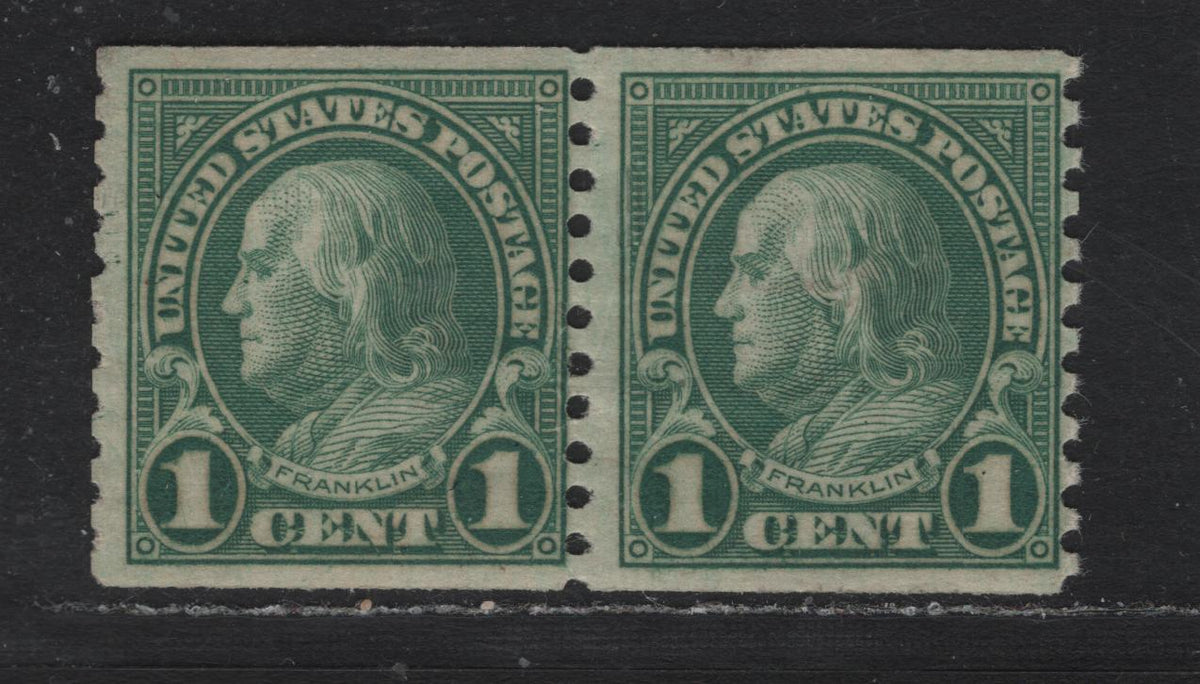 Lot 143 United States SC#597 1c Bluish Green , 1926-1934 4th Bureau Issue, A FOG Gripper Coil Pair, Rotary Press, Perf 10 Vertical, Showing Indentations Across The Top Of The Pair.
