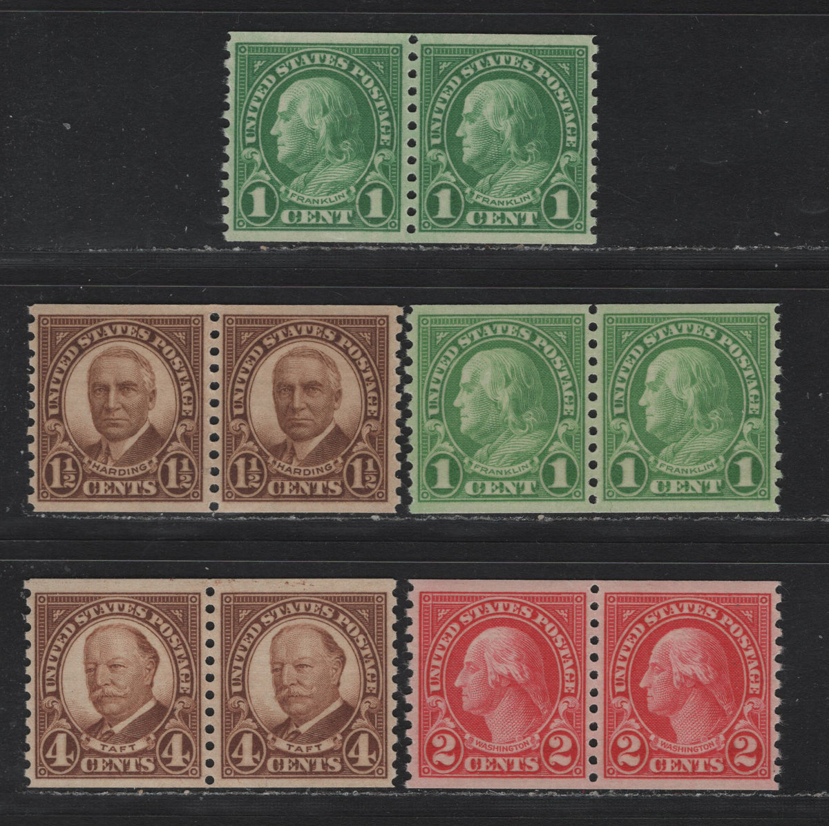 Lot 146 United States SC#597, 599, 686-687 1c - 4c Deep Emerald - Yellow Brown , 1926-1934 4th Bureau Issue, 5 VFNH Coil Pairs, 12 Horizontal Striations Per Inch