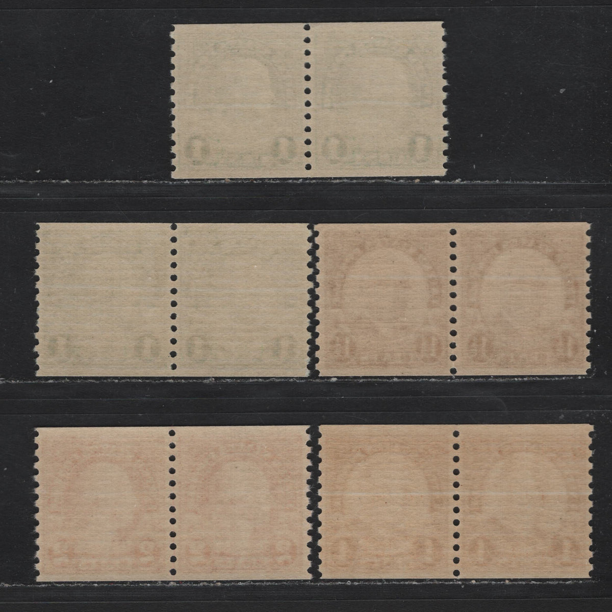 Lot 146 United States SC#597, 599, 686-687 1c - 4c Deep Emerald - Yellow Brown , 1926-1934 4th Bureau Issue, 5 VFNH Coil Pairs, 12 Horizontal Striations Per Inch