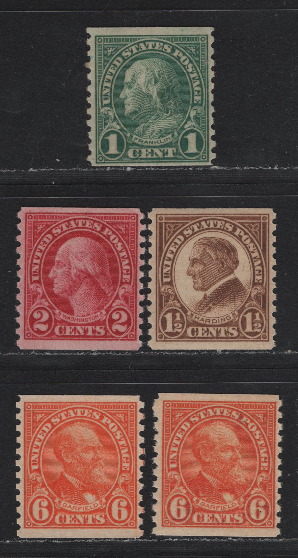 Lot 150 United States SC#597-599, 723 1c - 6c Deep Green - Bright Orange , 1926-1934 4th Bureau Issue, 5 VFNH Coil Singles, Showing No Discernable Striations On The Gum