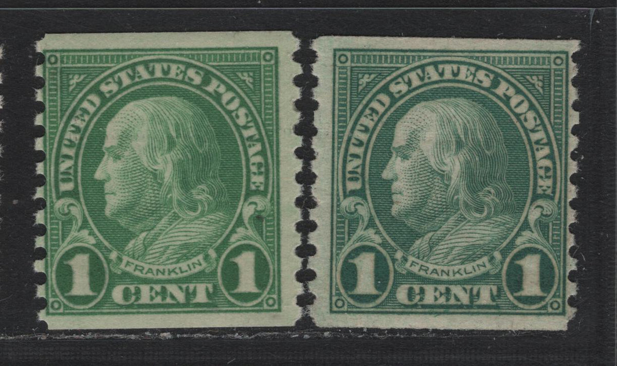 Lot 151 United States SC#597var 1c Deep Yellow - Dull Bluish Green , 1922-1925 4th Bureau Issue, 2 FOG/NH Gripper Coil Singles, Both Showing Embossed Gripper Marks That Result From Slippage Of Gripper Arms