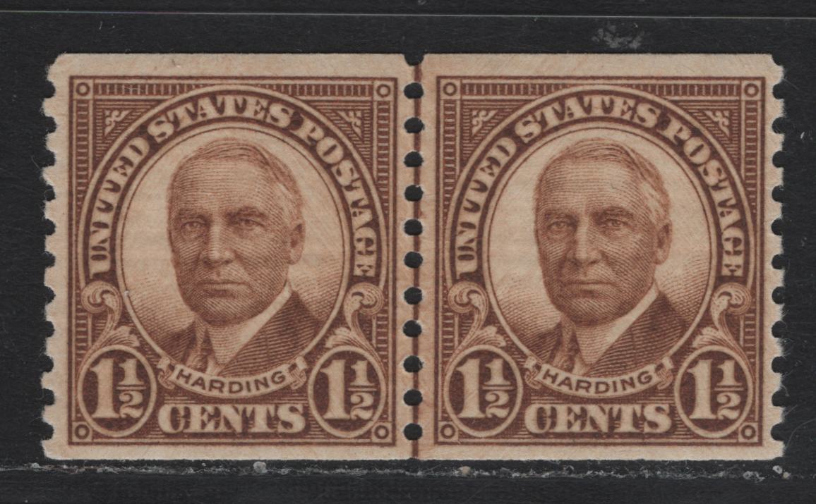 Lot 155A United States SC#686 1.5c Deep Yellow Brown , 1926-1934 4th Bureau Issue, A VFNH Coil Line Pair, 12 Horizontal Gum Striations Per Inch
