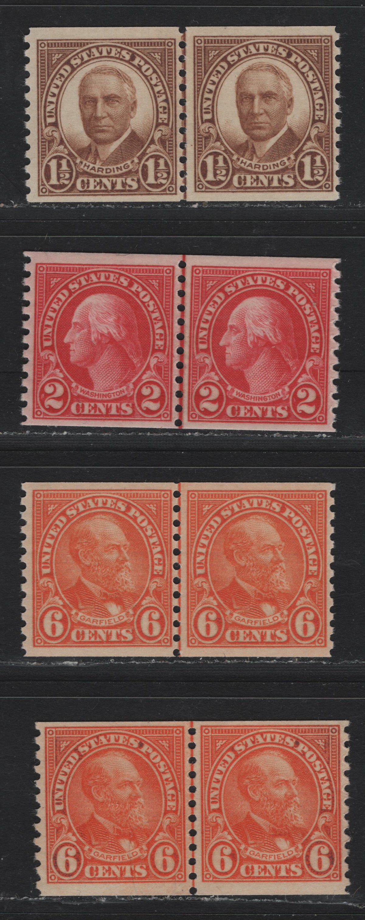Lot 157 United States SC#599, 686, 723 1.5c - 6c Yellow Brown - Orange , 1926-1934 4th Bureau Issue, 4 VFNH Coil Line Pairs, No Visible Regular Gum Striations