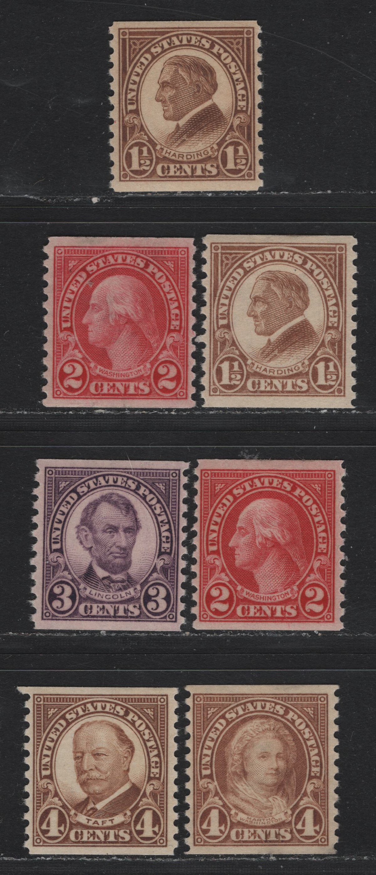 Lot 160 United States SC#598-601, 687 1.5c - 4c Brown - Yellow Brown , 1923-1929 4th Bureau Issue, 7 VFOG Coil Singles, No Visible Gum Striations