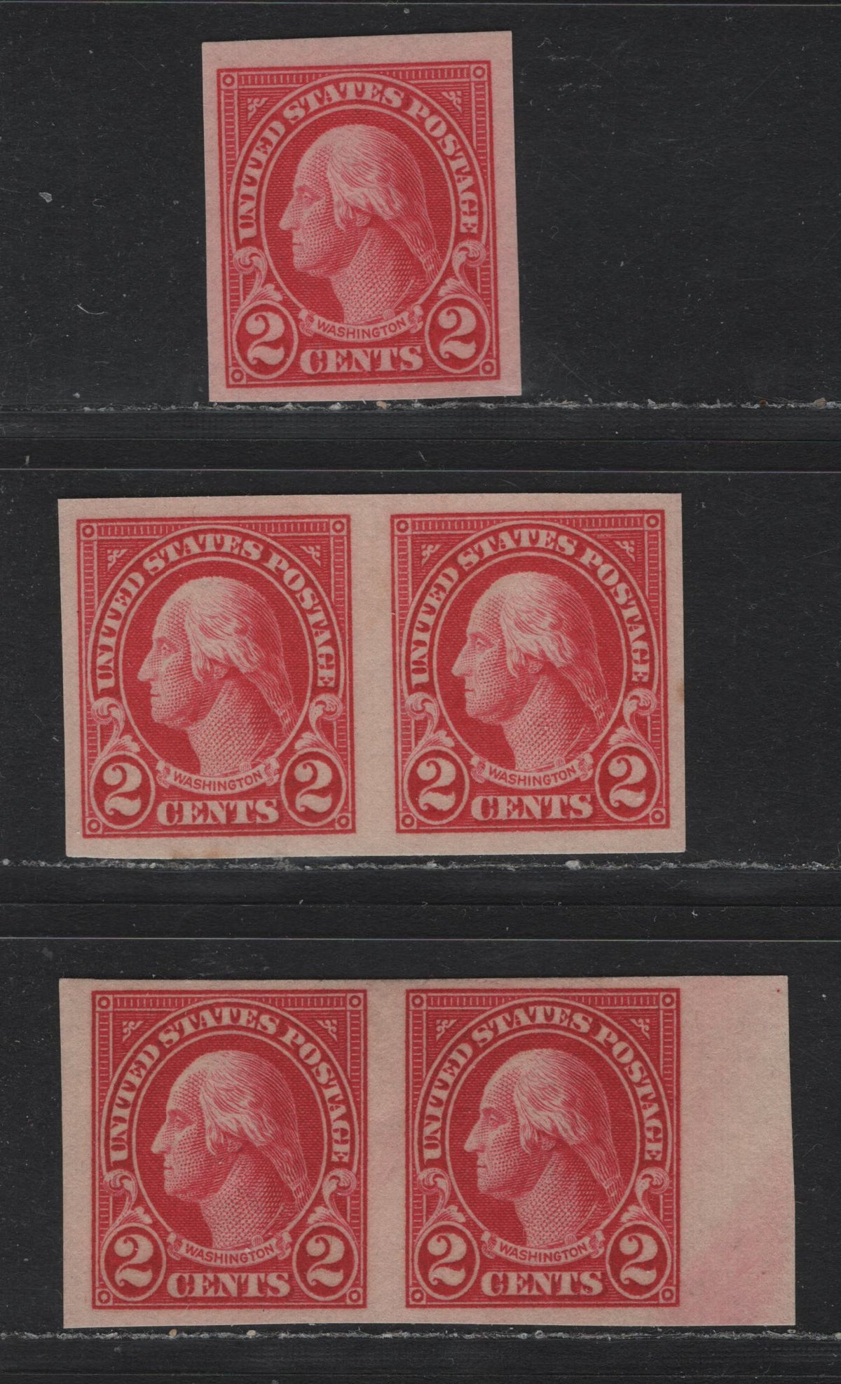 Lot 16 United States SC#577 2c Carmine , 1922-1925 4th Bureau Issue, 3 VFOG Imperf Pairs & Single