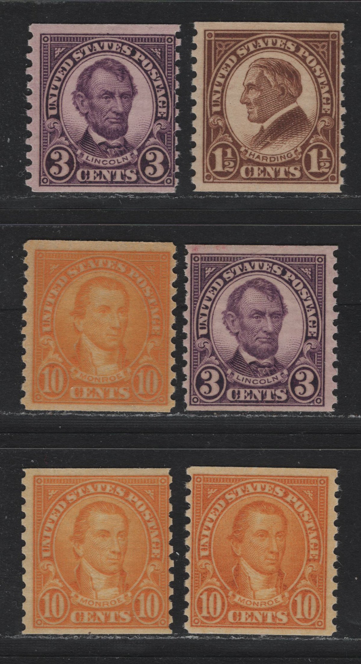 Lot 161 United States SC#598, 600, 603 1.5c - 10 Brown - Yellow Orange , 1926-1934 4th Bureau Issue, 6 FNH Coil Singles, 12 Horizontal Gum Striations Per Inch