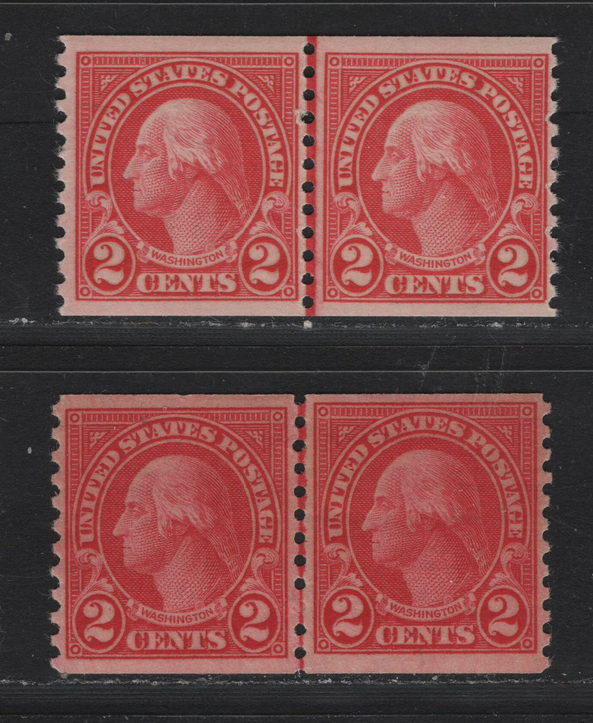 Lot 163 United States SC#599 2c - 25c Red - Rose Red , 1926-1934 4th Bureau Issue, 2 VFNH Coil Line Pairs, Type 1, 12 Horizontal Gum Striations Per Inch