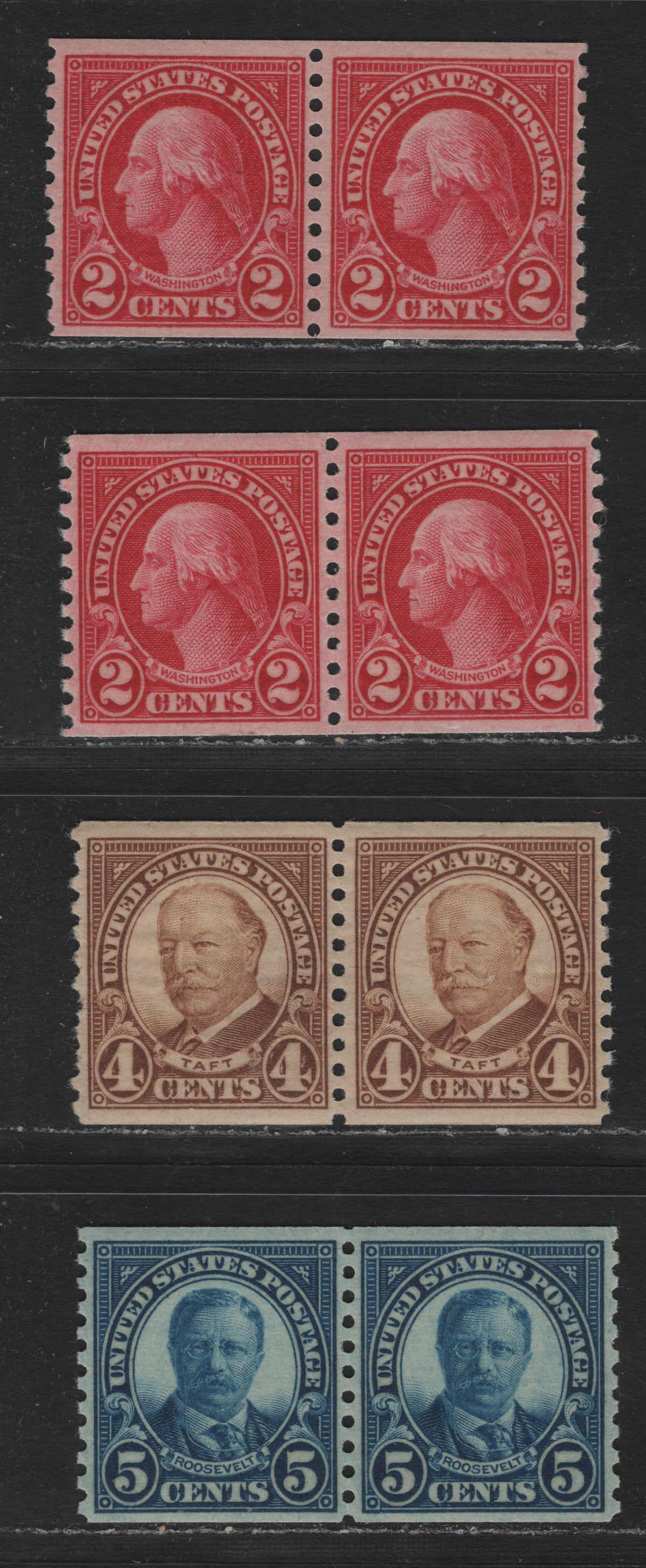 Lot 164 United States SC#599, 687, 602 2c - 5c Light Carmine - Deep Bright Blue , 1926-1934 4th Bureau Issue, 4 VFOG Coil Pairs, 12 Horizontal Gum Striations Per Inch