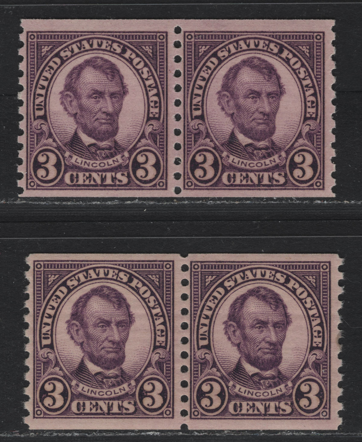 Lot 167 United States SC#600 3c Violet - Deep Violet , 1926-1934 4th Bureau Issue, 2 FNH Coil Pairs, 12 Horizontal Gum Striations Per Inch