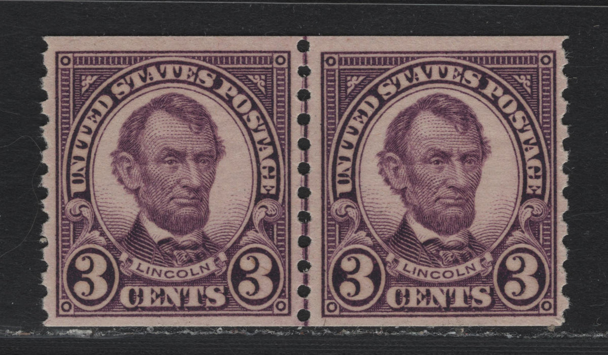 Lot 168 United States SC#600 3c Violet , 1926-1934 4th Bureau Issue, A VFNH Coil Line Pair, 12 Horizontal Gum Striations Per Inch