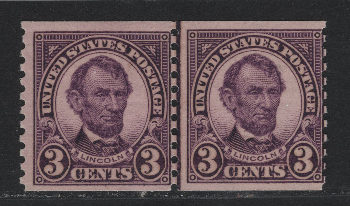Lot 170 United States SC#600 3c Violet , 1926-1934 4th Bureau Issue, A FNH Coil Line Jump Pair, Showing Vertical Jump At The Line, 12 Horizontal Gum Striations Per Inch