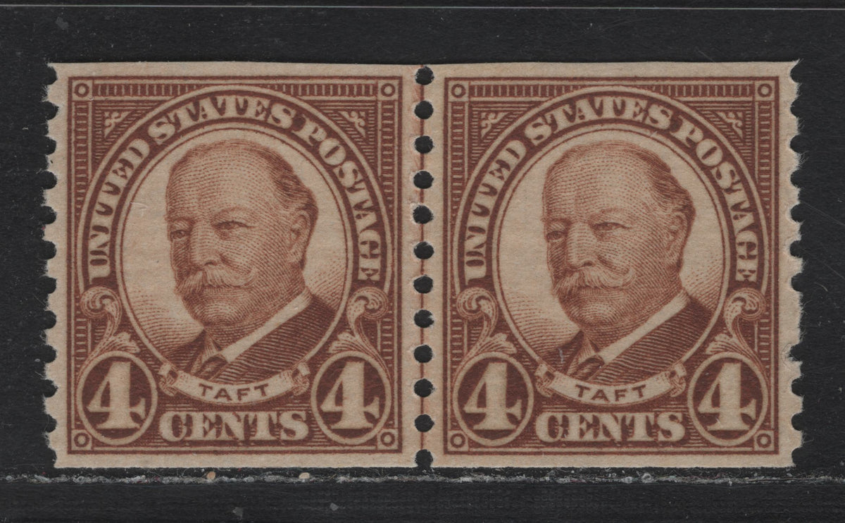 Lot 175 United States SC#687var 4c Yellow Brown , 1930 4th Bureau Issue, A XFNH Coil Line Pair, 12 Horizontal Gum Striations Per Inch, One Unpunched Perf At Right, Perf 10 Vertical.