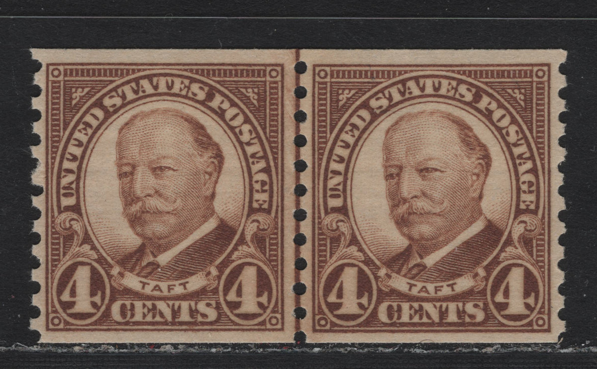 Lot 176 United States SC#687var 4c Yellow Brown , 1930 4th Bureau Issue, A VFNH Coil Line Pair, 12 Horizontal Gum Striations Per Inch