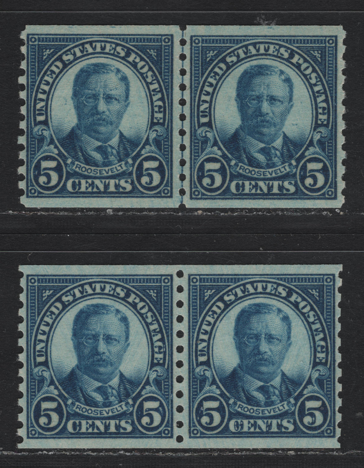 Lot 177 United States SC#602 5c Dark Blue , 1923-1929 4th Bureau Issue, 2 VFNH Coil Line Pair, 12 Horizontal Gum Striations Per Inch, Perf 10 Vertical