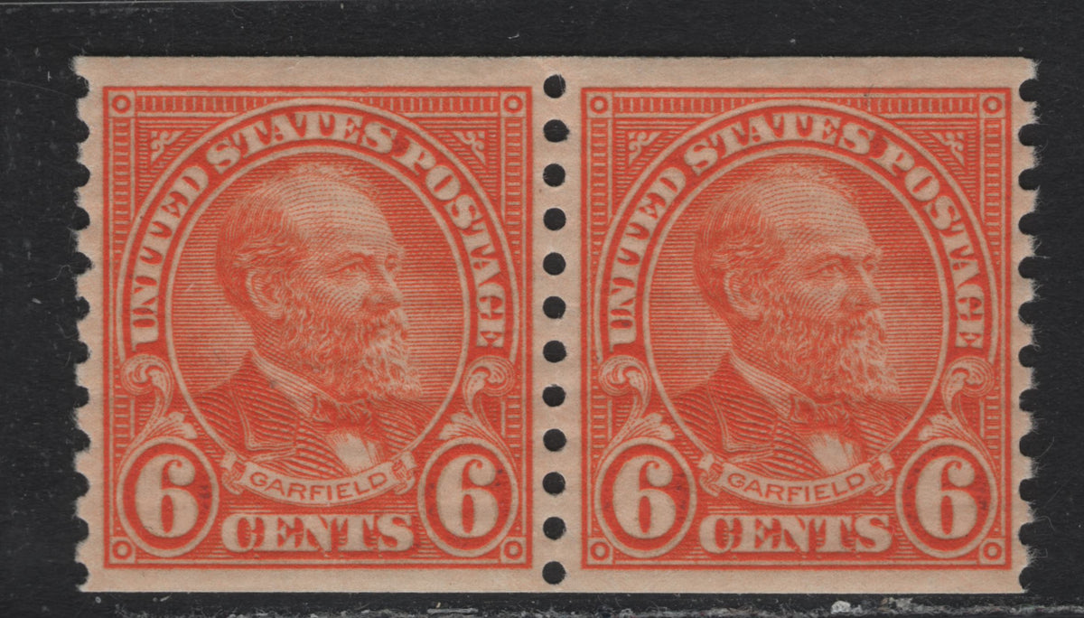 Lot 182 United States SC#723 6c Bright Orange , 1932 4th Bureau Issue, A VFNH Coil Pair, 12 Horizontal Gum Striations Per Inch