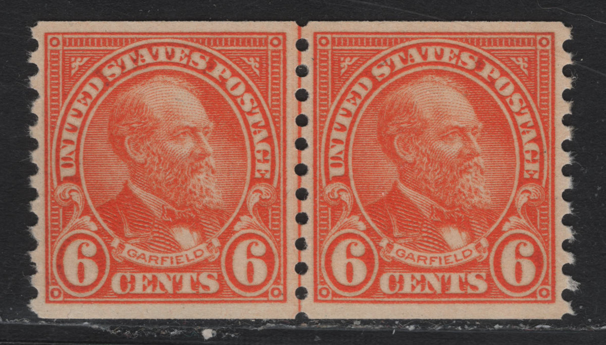 Lot 184 United States SC#723 6c Bright Orange , 1932 4th Bureau Issue, A VFNH Coil Line Pair, 12 Horizontal Gum Striations Per Inch